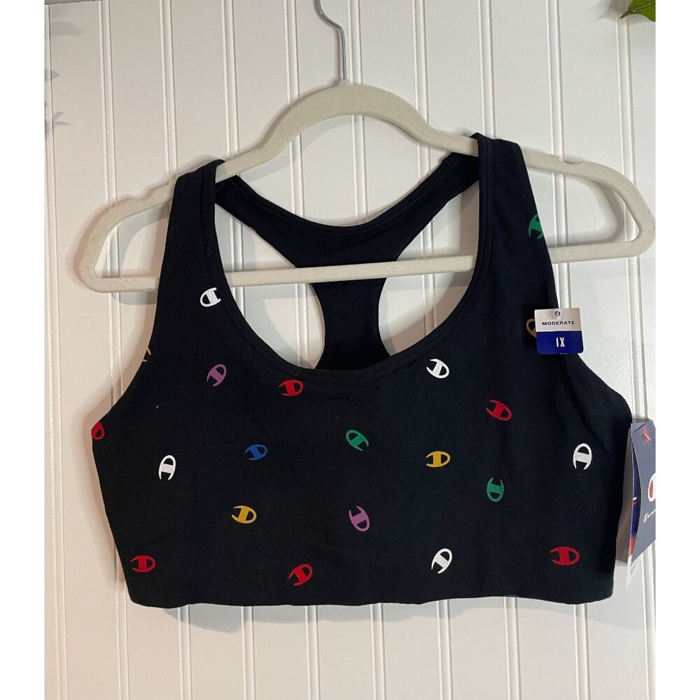 Champion Black Sports Bra Multicolor Logo Print Racerback 1X Cotton/Spandex